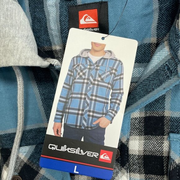 NEW Quiksilver Men's L Flannel Shirt Jacket With Hood Blue Plaid Cotton - Picture 6 of 8